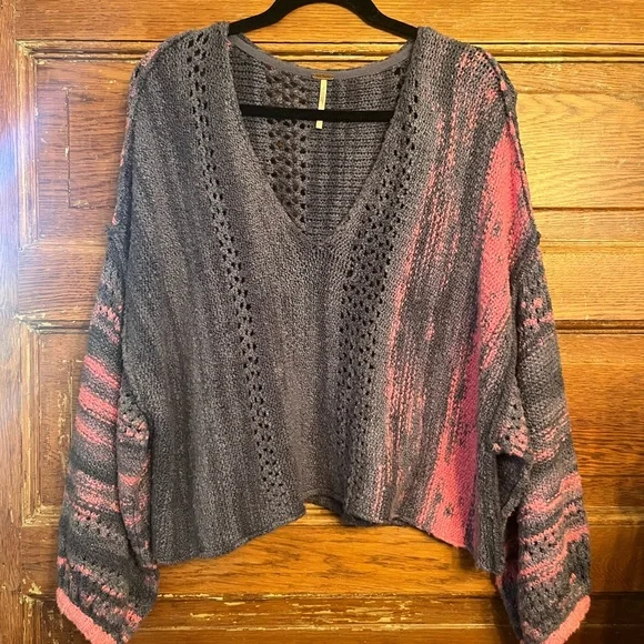 Free People Blue and Pink Off-the-Shoulder Sweater - Picture 3 of 6